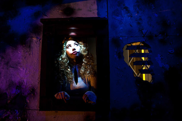 After a wooden panel suddenly drops from the wall, a woman with a doll-like face (played by volunteer, Kiki Goguen) is revealed and she hands out pieces of candy.