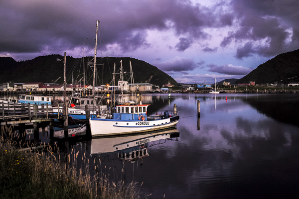 The stunning purplish hues of the Greymouth River at sundown.